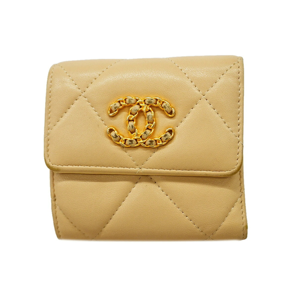 Chanel Tri-fold Wallet, 19, Lambskin, Beige, Women's, OP026777